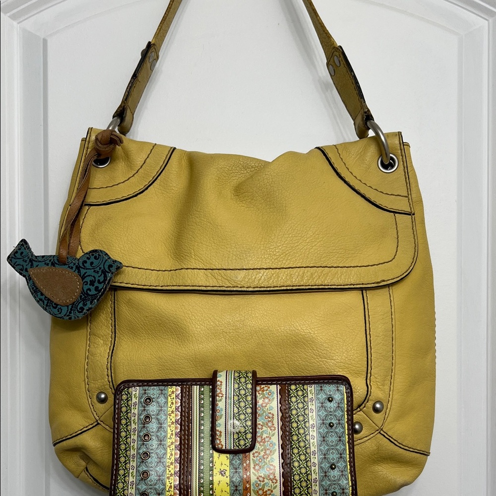 Fossil Lot - Genuine Leather Shoulder Bag with Floral Striped Wallet